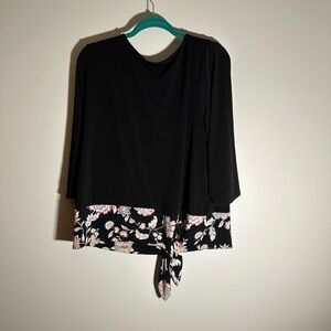 Chico's Elegant Side-Tie Blouse Black Pink Floral Border